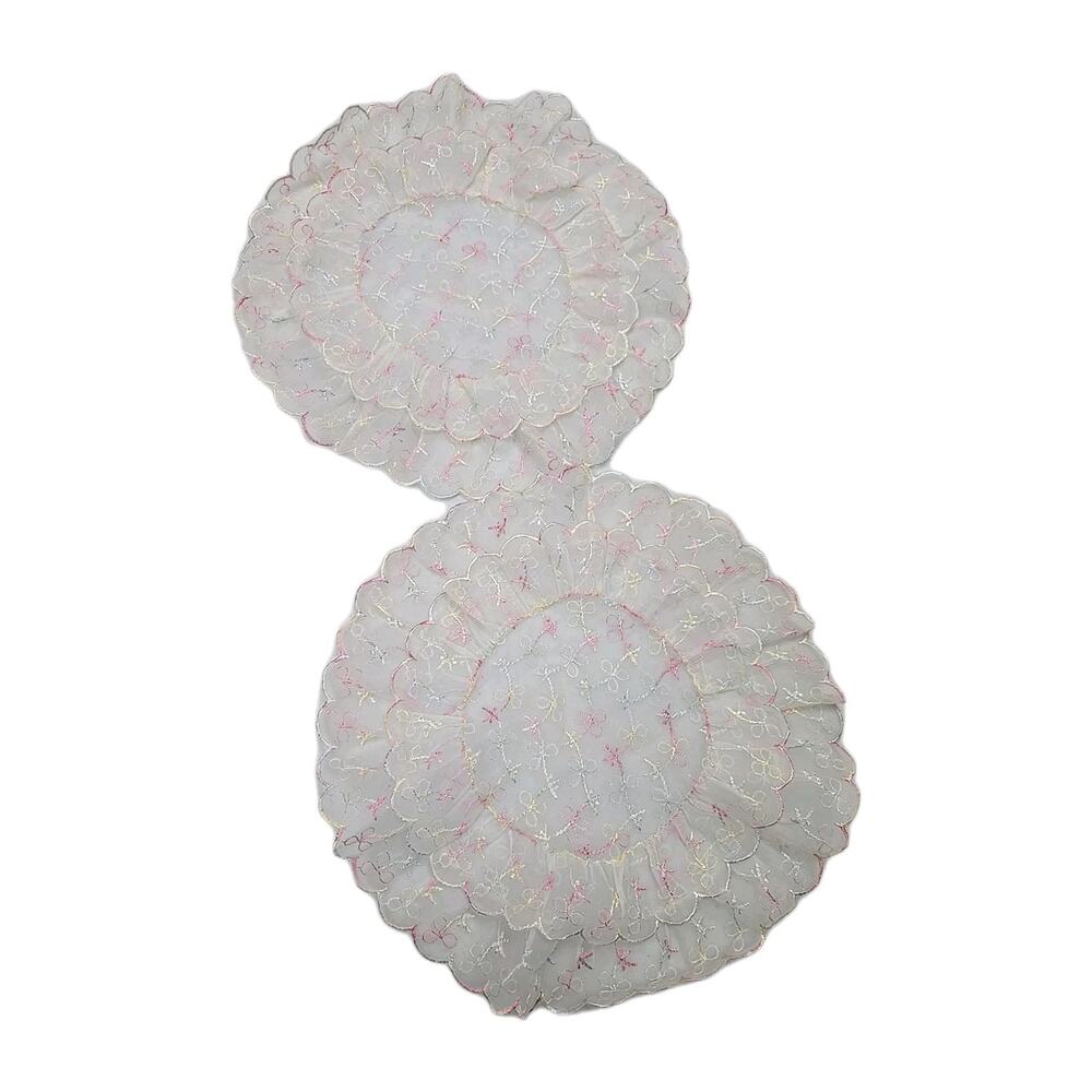 Lot of 2 Vintage MCM Coquette Hand Stitched Layered Sheer Scalloped Edge Doilies